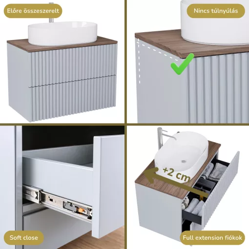 HD Rapallo Pro Fume Grey 60 komplett fürdőszoba bútor szett fali push-to-open mosdószekrénnyel, tölgyfa színű mosdópulttal, tükörrel és magasszekrénnyel