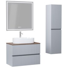 HD Turin Fume Grey 60 komplett fürdőszoba bútor szett fali mosdószekrénnyel, tölgyfa színű mosdópulttal, tükörrel és magasszekrénnyel