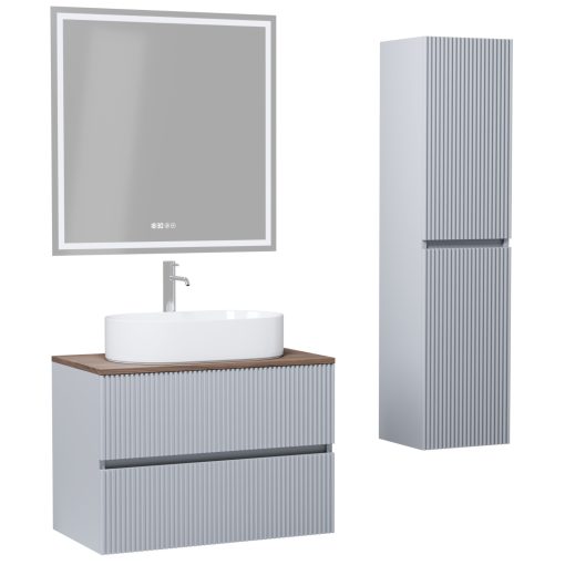 HD Turin Fume Grey 60 komplett fürdőszoba bútor szett fali mosdószekrénnyel, tölgyfa színű mosdópulttal, tükörrel és magasszekrénnyel