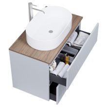 HD Turin Fume Grey 60 komplett fürdőszoba bútor szett fali mosdószekrénnyel, tölgyfa színű mosdópulttal, tükörrel és magasszekrénnyel