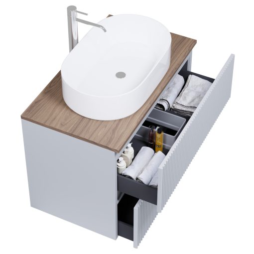 HD Turin Fume Grey 60 komplett fürdőszoba bútor szett fali mosdószekrénnyel, tölgyfa színű mosdópulttal, tükörrel és magasszekrénnyel