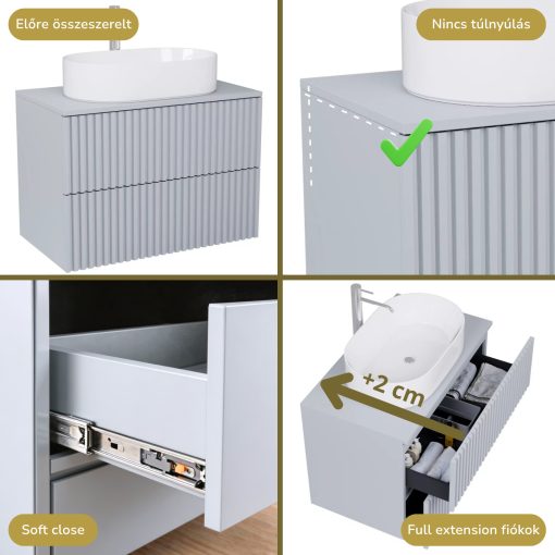 HD Rapallo Pro Fume Grey 60 fali mosdószekrény, push-to-open mechanizmussal, füst szürke mosdópulttal