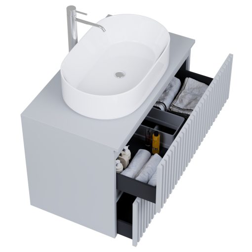 HD Rapallo Pro Fume Grey 60 komplett fürdőszoba bútor fali push-to-open mosdószekrénnyel, füst szürke mosdópulttal és tükörrel