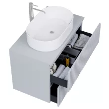 HD Rapallo Pro Fume Grey 60 komplett fürdőszoba bútor szett fali push-to-open mosdószekrénnyel, füst szürke mosdópulttal, tükörrel és magasszekrénnyel