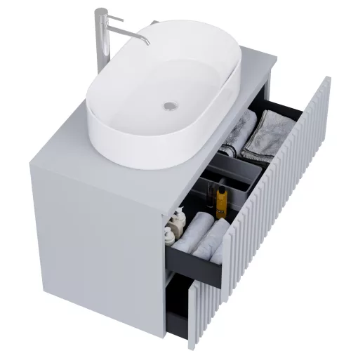 HD Rapallo Pro Fume Grey 60 komplett fürdőszoba bútor szett fali push-to-open mosdószekrénnyel, füst szürke mosdópulttal, tükörrel és magasszekrénnyel