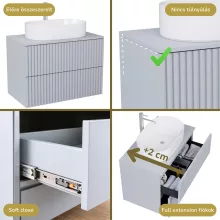 HD Rapallo Pro Fume Grey 60 komplett fürdőszoba bútor szett fali push-to-open mosdószekrénnyel, füst szürke mosdópulttal, tükörrel és magasszekrénnyel