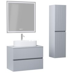   HD Turin Fume Grey 60/80 komplett fürdőszoba bútor szett fali mosdószekrénnyel, füst szürke mosdópulttal, tükörrel és magasszekrénnyel