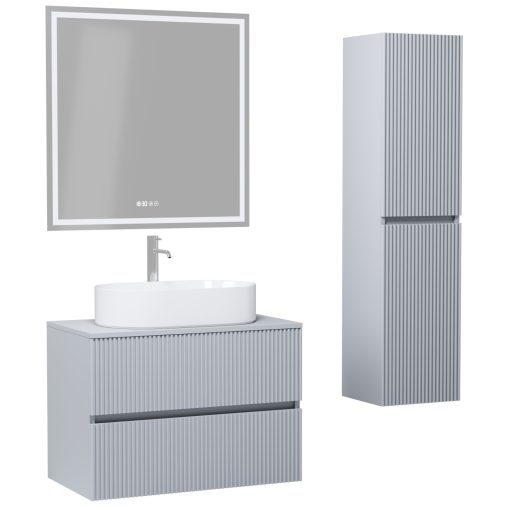 HD Turin Fume Grey 60/80 komplett fürdőszoba bútor szett fali mosdószekrénnyel, füst szürke mosdópulttal, tükörrel és magasszekrénnyel