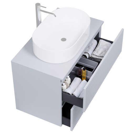 HD Turin Fume Grey 60/80 komplett fürdőszoba bútor szett fali mosdószekrénnyel, füst szürke mosdópulttal, tükörrel és magasszekrénnyel