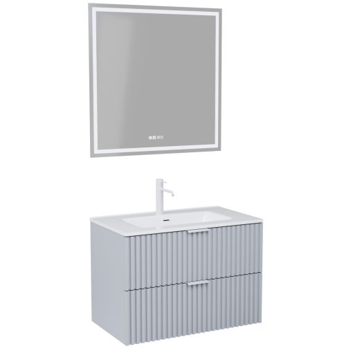 HD Ravello Fume Grey 60 komplett fürdőszoba bútor fali mosdószekrénnyel, matt fehér fogantyúkkal, fényes fehér slim mosdóval és tükörrel