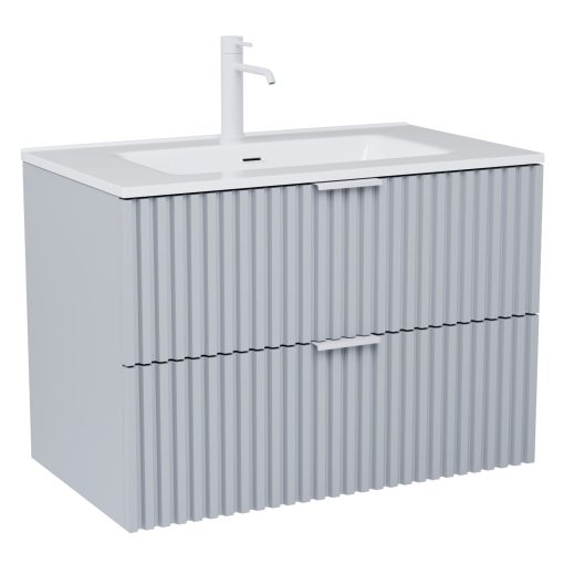 HD Ravello Fume Grey 60 komplett fürdőszoba bútor szett fali mosdószekrénnyel, matt fehér fogantyúkkal, fényes fehér slim mosdóval, tükörrel és magasszekrénnyel