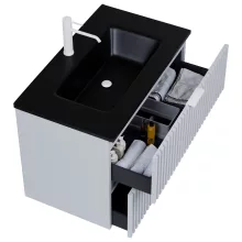 HD Ravello Fume Grey 60 fali mosdószekrény matt fehér fogantyúkkal és matt fekete slim mosdóval