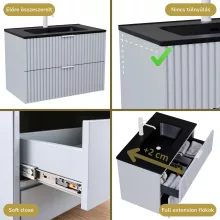 HD Ravello Fume Grey 60 fali mosdószekrény matt fehér fogantyúkkal és matt fekete slim mosdóval