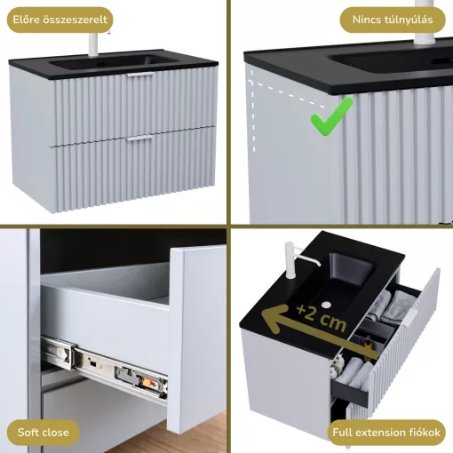 HD Ravello Fume Grey 60 fali mosdószekrény matt fehér fogantyúkkal és matt fekete slim mosdóval