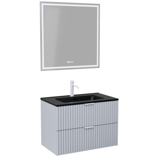 HD Ravello Fume Grey 60 komplett fürdőszoba bútor fali mosdószekrénnyel, matt fehér fogantyúkkal, matt fekete slim mosdóval és tükörrel