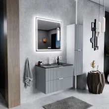 HD Ravello Fume Grey 60 komplett fürdőszoba bútor fali mosdószekrénnyel, matt fehér fogantyúkkal, matt fekete slim mosdóval és tükörrel