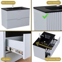 HD Ravello Fume Grey 60 komplett fürdőszoba bútor fali mosdószekrénnyel, matt fehér fogantyúkkal, matt fekete slim mosdóval és tükörrel