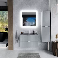 HD Ravello Fume Grey 60 komplett fürdőszoba bútor fali mosdószekrénnyel, matt fehér fogantyúkkal, matt fekete slim mosdóval és tükörrel