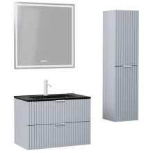 HD Ravello Fume Grey 60 komplett fürdőszoba bútor szett fali mosdószekrénnyel, matt fehér fogantyúkkal, matt fekete slim mosdóval, tükörrel és magasszekrénnyel