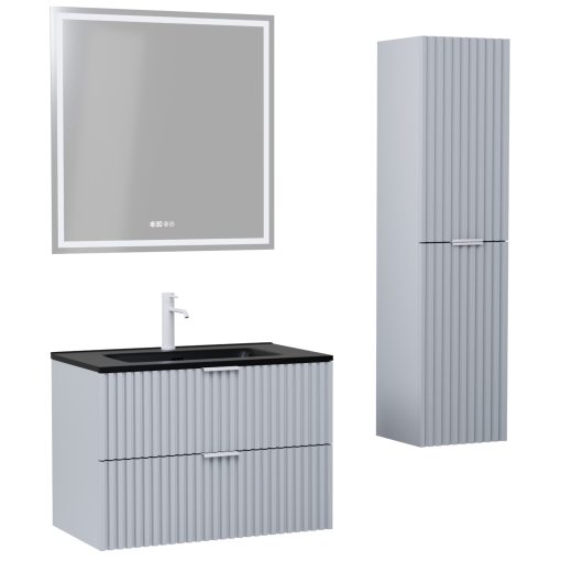HD Ravello Fume Grey 60 komplett fürdőszoba bútor szett fali mosdószekrénnyel, matt fehér fogantyúkkal, matt fekete slim mosdóval, tükörrel és magasszekrénnyel