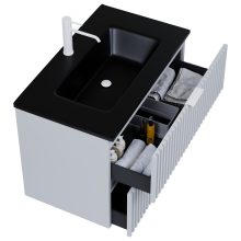 HD Ravello Fume Grey 60 komplett fürdőszoba bútor szett fali mosdószekrénnyel, matt fehér fogantyúkkal, matt fekete slim mosdóval, tükörrel és magasszekrénnyel