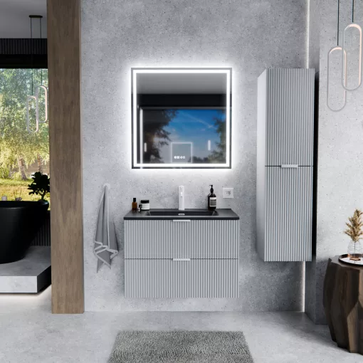 HD Ravello Fume Grey 60 komplett fürdőszoba bútor szett fali mosdószekrénnyel, matt fehér fogantyúkkal, matt fekete slim mosdóval, tükörrel és magasszekrénnyel