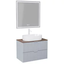 HD Rapallo Fume Grey 60 komplett fürdőszoba bútor fali mosdószekrénnyel, matt fehér fogantyúkkal, tölgyfa színű mosdópulttal és tükörrel