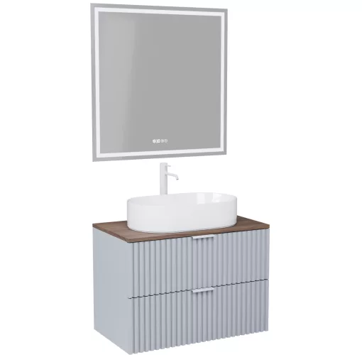 HD Rapallo Fume Grey 60 komplett fürdőszoba bútor fali mosdószekrénnyel, matt fehér fogantyúkkal, tölgyfa színű mosdópulttal és tükörrel