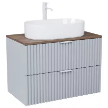 HD Rapallo Fume Grey 60 komplett fürdőszoba bútor fali mosdószekrénnyel, matt fehér fogantyúkkal, tölgyfa színű mosdópulttal és tükörrel