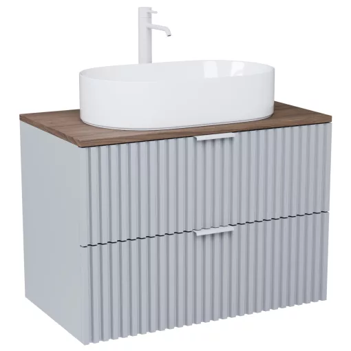 HD Rapallo Fume Grey 60 komplett fürdőszoba bútor fali mosdószekrénnyel, matt fehér fogantyúkkal, tölgyfa színű mosdópulttal és tükörrel