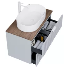 HD Rapallo Fume Grey 60 komplett fürdőszoba bútor fali mosdószekrénnyel, matt fehér fogantyúkkal, tölgyfa színű mosdópulttal és tükörrel