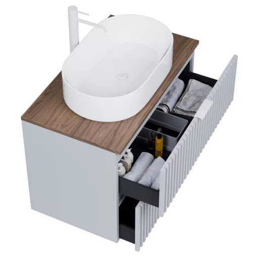 HD Rapallo Fume Grey 60 komplett fürdőszoba bútor fali mosdószekrénnyel, matt fehér fogantyúkkal, tölgyfa színű mosdópulttal és tükörrel