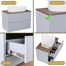 HD Rapallo Fume Grey 60 komplett fürdőszoba bútor fali mosdószekrénnyel, matt fehér fogantyúkkal, tölgyfa színű mosdópulttal és tükörrel