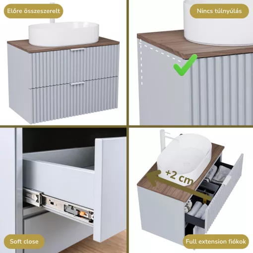 HD Rapallo Fume Grey 60 komplett fürdőszoba bútor fali mosdószekrénnyel, matt fehér fogantyúkkal, tölgyfa színű mosdópulttal és tükörrel