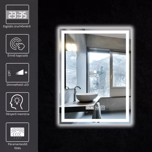 HD Rapallo Fume Grey 60 komplett fürdőszoba bútor fali mosdószekrénnyel, matt fehér fogantyúkkal, tölgyfa színű mosdópulttal és tükörrel