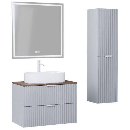 HD Rapallo Fume Grey 60 komplett fürdőszoba bútor szett fali mosdószekrénnyel, matt fehér fogantyúval, tölgyfa színű mosdópulttal, tükörrel és magasszekrénnyel