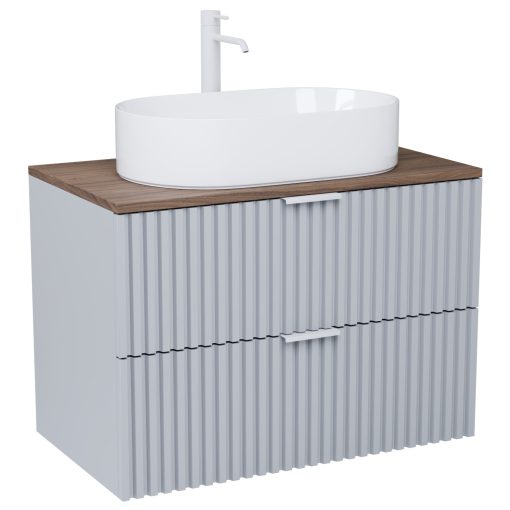 HD Rapallo Fume Grey 60 komplett fürdőszoba bútor szett fali mosdószekrénnyel, matt fehér fogantyúval, tölgyfa színű mosdópulttal, tükörrel és magasszekrénnyel