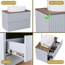 HD Rapallo Fume Grey 60 komplett fürdőszoba bútor szett fali mosdószekrénnyel, matt fehér fogantyúval, tölgyfa színű mosdópulttal, tükörrel és magasszekrénnyel