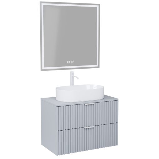 HD Rapallo Fume Grey 60 komplett fürdőszoba bútor fali mosdószekrénnyel, matt fehér fogantyúkkal, szürke mosdópulttal és tükörrel