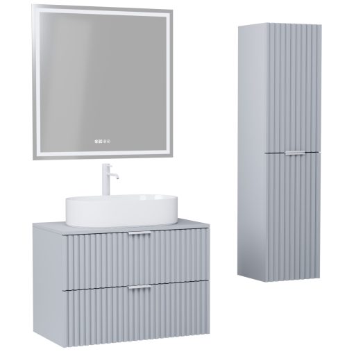 HD Rapallo Fume Grey 60 komplett fürdőszoba bútor szett fali mosdószekrénnyel, matt fehér fogantyúval, szürke mosdópulttal, tükörrel és magasszekrénnyel