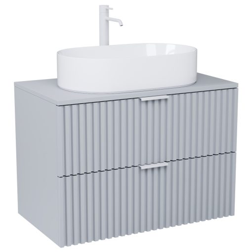 HD Rapallo Fume Grey 60 komplett fürdőszoba bútor szett fali mosdószekrénnyel, matt fehér fogantyúval, szürke mosdópulttal, tükörrel és magasszekrénnyel