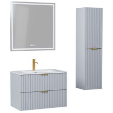 HD Ravello Fume Grey 60 komplett fürdőszoba bútor szett fali mosdószekrénnyel, szálcsiszolt arany fogantyúkkal, fényes fehér slim mosdóval, tükörrel és magasszekrénnyel