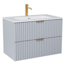 HD Ravello Fume Grey 60 komplett fürdőszoba bútor szett fali mosdószekrénnyel, szálcsiszolt arany fogantyúkkal, fényes fehér slim mosdóval, tükörrel és magasszekrénnyel