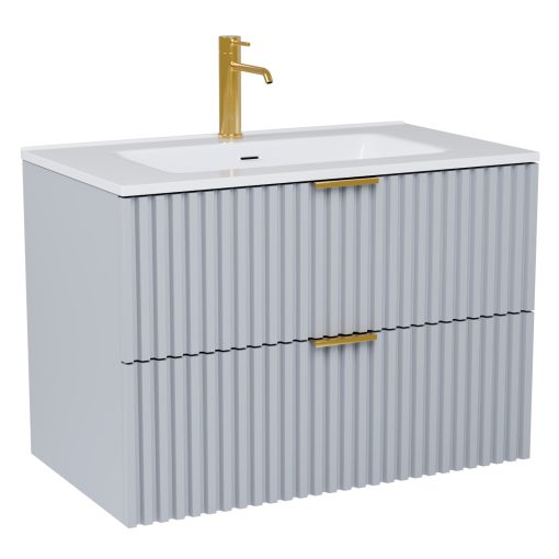 HD Ravello Fume Grey 60 komplett fürdőszoba bútor szett fali mosdószekrénnyel, szálcsiszolt arany fogantyúkkal, fényes fehér slim mosdóval, tükörrel és magasszekrénnyel