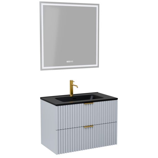 HD Ravello Fume Grey 60 komplett fürdőszoba bútor fali mosdószekrénnyel, szálcsiszolt arany fogantyúkkal, matt fekete slim mosdóval és tükörrel