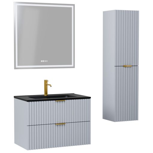 HD Ravello Fume Grey 60 komplett fürdőszoba bútor szett fali mosdószekrénnyel, szálcsiszolt arany fogantyúkkal, matt fekete slim mosdóval, tükörrel és magasszekrénnyel