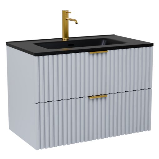 HD Ravello Fume Grey 60 komplett fürdőszoba bútor szett fali mosdószekrénnyel, szálcsiszolt arany fogantyúkkal, matt fekete slim mosdóval, tükörrel és magasszekrénnyel