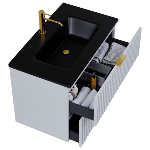 HD Ravello Fume Grey 60 komplett fürdőszoba bútor szett fali mosdószekrénnyel, szálcsiszolt arany fogantyúkkal, matt fekete slim mosdóval, tükörrel és magasszekrénnyel