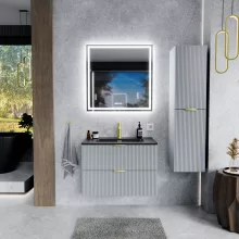 HD Ravello Fume Grey 60 komplett fürdőszoba bútor szett fali mosdószekrénnyel, szálcsiszolt arany fogantyúkkal, matt fekete slim mosdóval, tükörrel és magasszekrénnyel