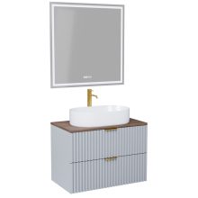 HD Rapallo Fume Grey 60 komplett fürdőszoba bútor fali mosdószekrénnyel, szálcsiszolt arany fogantyúkkal, tölgyfa színű mosdópulttal és tükörrel